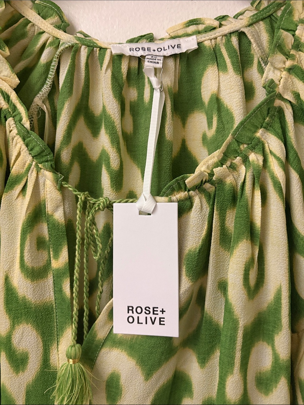 Rose & Olive Green and Cream Ikat-Style Tie-Neck Peasant Blouse - Picture 4 of 4